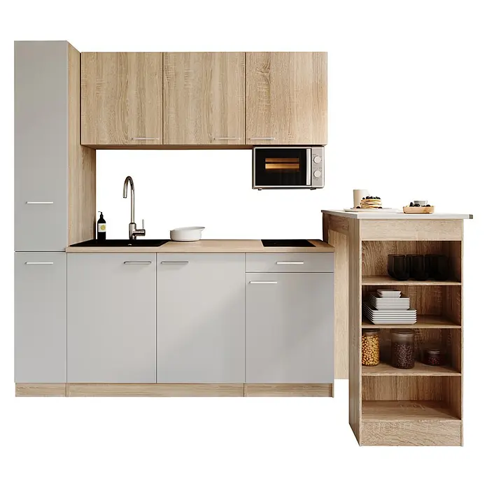Respekta Küchenzeile Ingrid - Breite: 180 cm, Weiß, Mit Bartisch, Mit Kochfeld + Mikrowelle - Moderne Küchenzeile mit hellen Holz- und mattgrauen Schränken, Spüle, Kochfeld, Mikrowelle und offenen Regalen.