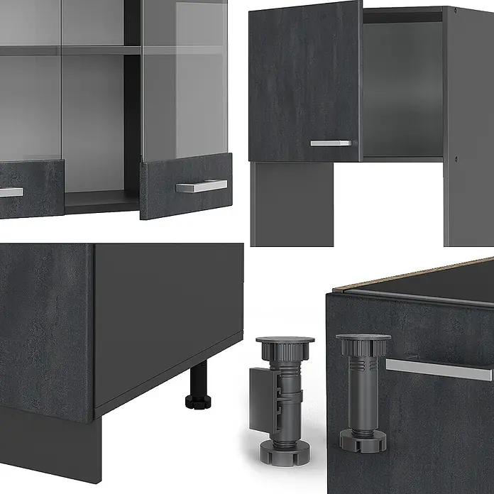 Vicco Eckküche R-Line Schwarz Beton/Anthrazit AP Eiche - B x T: 247 x 60 cm, Schwarz Beton, Ohne Elektrogeräte - Dunkelgraue, strukturierte Schränke mit silbernen Griffen, teils mit Glastüren. Nahaufnahmen verstellbarer Füße.