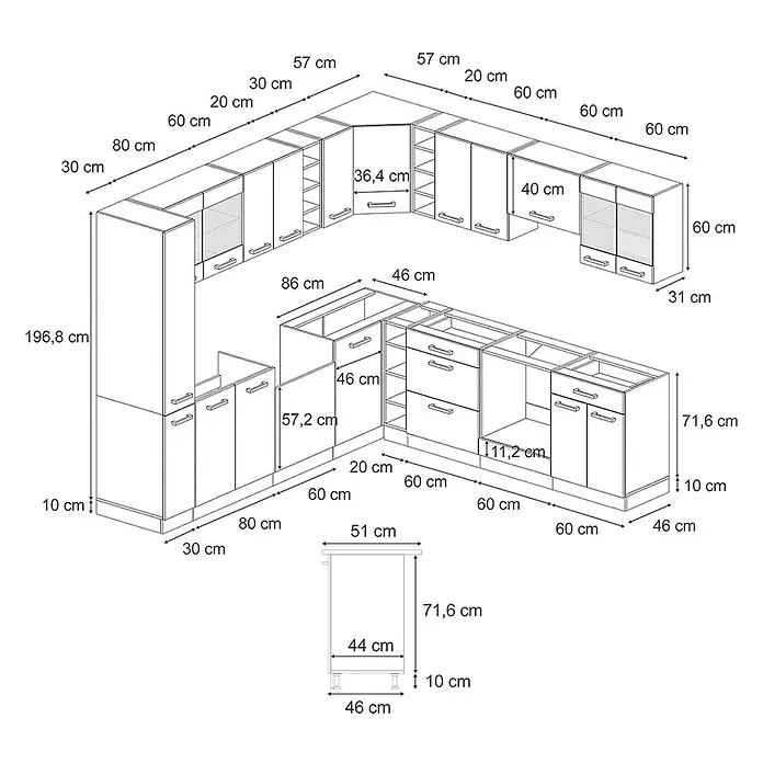 Vicco Eckküche R-Line Schwarz Beton/Goldkraft Eiche AP Marmor - B x T: 247 x 60 cm, Schwarz Beton, Ohne Elektrogeräte - Detaillierte Maßzeichnung eines modularen Küchenschranksystems mit Unter-, Ober- und Hochschränken in L- und gerader Anordnung.