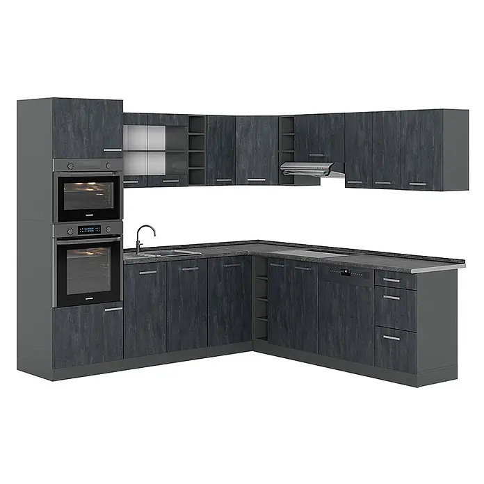 Vicco Eckküche R-Line Schwarz Beton/Anthrazit AP Anthrazit - B x T: 247 x 60 cm, Schwarz Beton, Ohne Elektrogeräte - Dunkelgraue, texturierte L-Küche mit integrierten Geräten: Backofen, Mikrowelle, Kochfeld, Spüle, Spülmaschine, Dunstabzugshaube. Mit Ober- & Unterschränken.