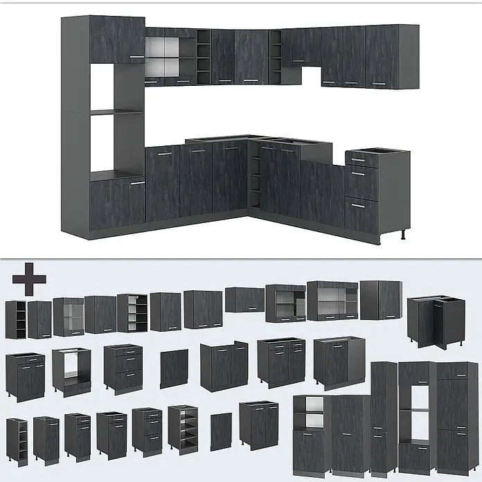 Vicco Eckküche R-Line Schwarz Beton/Anthrazit AP Eiche - B x T: 247 x 60 cm, Schwarz Beton, Ohne Elektrogeräte - Modulare dunkelgraue Küchenschränke mit strukturierter Oberfläche, als Eckaufbau und Einzelmodule angeordnet.