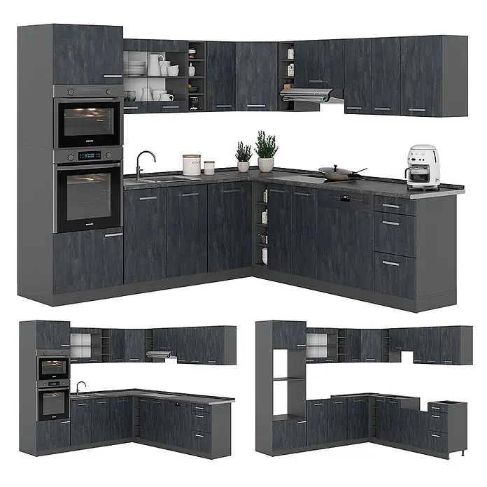Vicco Eckküche R-Line Schwarz Beton/Anthrazit AP Eiche - B x T: 247 x 60 cm, Schwarz Beton, Ohne Elektrogeräte - L-förmige Küche mit dunkelgrauen strukturierten Schränken, Einbauöfen, Spüle und Geschirrspüler.