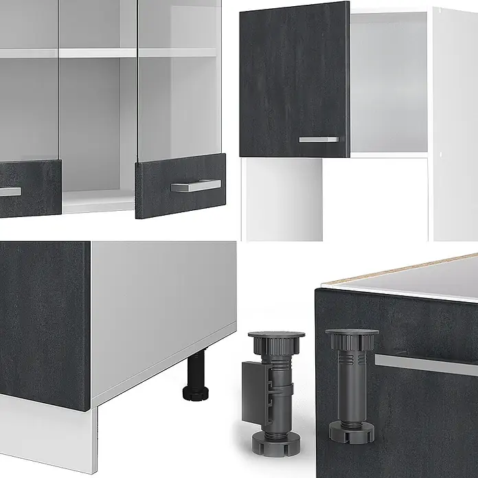 Vicco Eckküche R-Line Schwarz Beton/Weiß AP Marmor - B x T: 247 x 60 cm, Schwarz Beton, Ohne Elektrogeräte - Modulare Küchenschränke in Weiß und Dunkelgrau (Betonoptik) mit Glastüren, Metallgriffen und verstellbaren Füßen.
