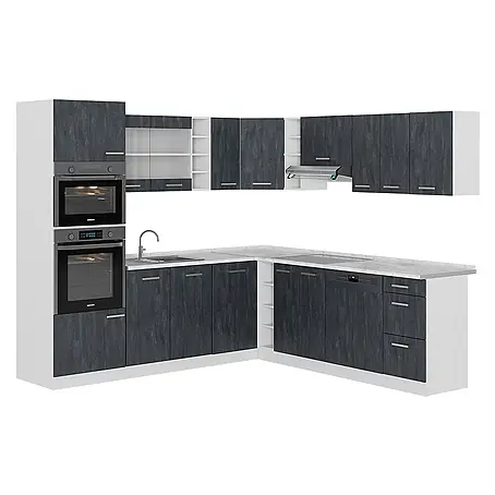 Vicco  Eckküche R-Line Schwarz Beton/Weiß AP Marmor