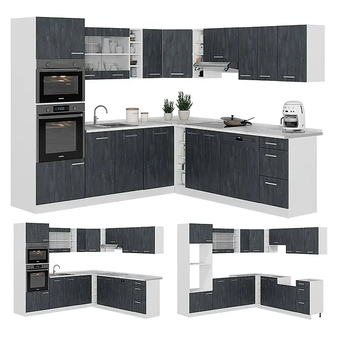 Vicco Eckküche R-Line Schwarz Beton/Weiß AP Marmor - B x T: 247 x 60 cm, Schwarz Beton, Ohne Elektrogeräte - Moderne L-Küche: dunkelgraue Holzdekor-Schränke, weiße Rahmen, Marmor-Arbeitsplatte, integrierte Geräte.