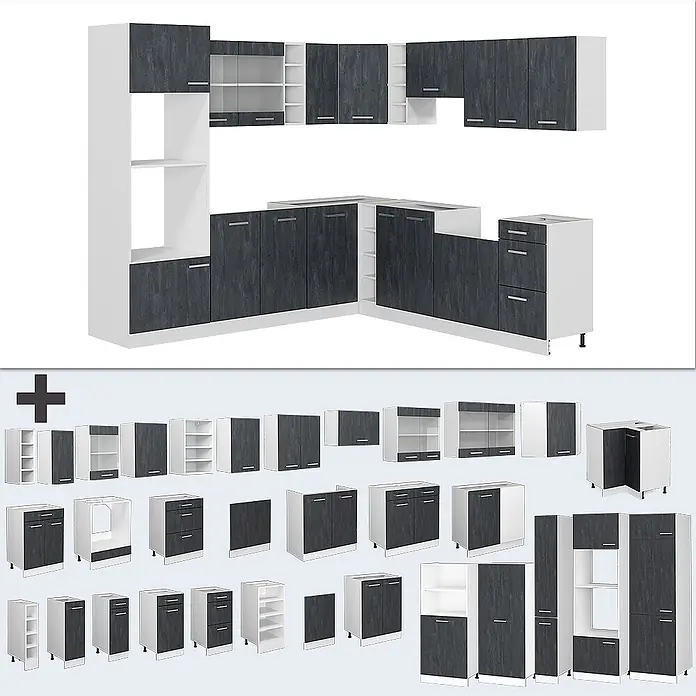 Vicco Eckküche R-Line Schwarz Beton/Weiß AP Marmor - B x T: 247 x 60 cm, Schwarz Beton, Ohne Elektrogeräte - Modulares Küchenschranksystem in Dunkelgrau-Holzoptik und Weiß, zeigt Gesamtlayout und Einzelmodule.