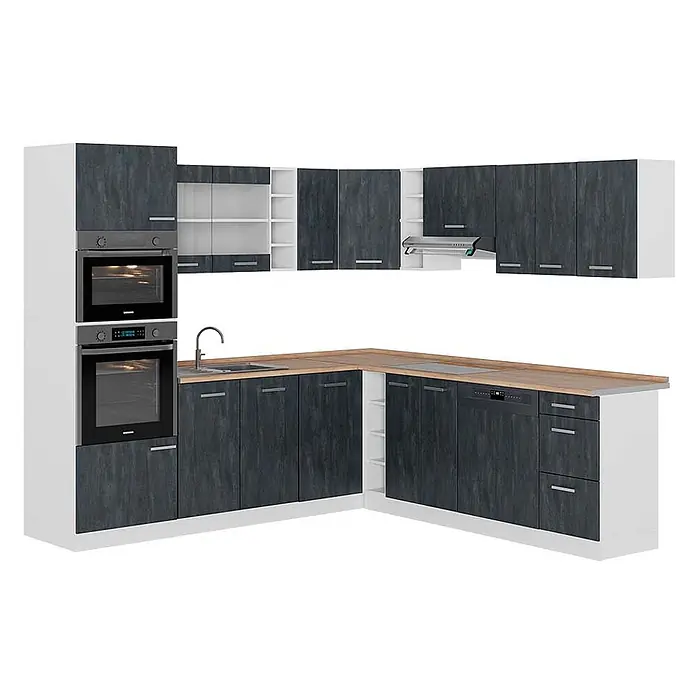 Vicco Eckküche R-Line Schwarz Beton/Weiß AP Eiche - B x T: 247 x 60 cm, Schwarz Beton, Ohne Elektrogeräte - L-förmige Küche mit dunklen Holzfronten, heller Arbeitsplatte und weißen Elementen; integrierte Öfen, Kochfeld, Spüle, Spülmaschine.