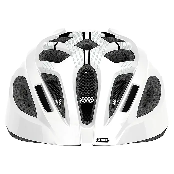 Abus Fahrradhelm SportGröße: M 54 - 58 cm, Weiß - Nahaufnahme eines weißen ABUS Fahrradhelms mit Belüftungsöffnungen und einem schwarzen Logo.