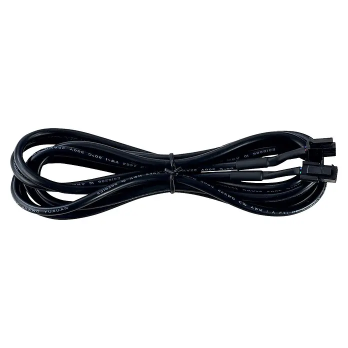 Direct Signs Verbindungskabel Akus RGB - Länge: 200 cm, IP20 - Schwarzes, aufgerolltes Y-Splitter-Kabel mit zwei 4-Pin-Anschlüssen.