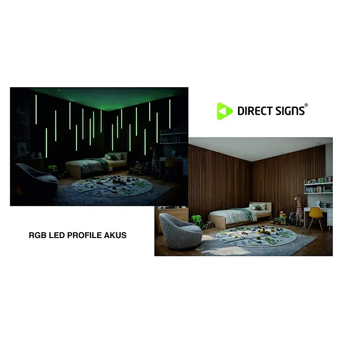Direct Signs LED-Lichtleiste für Akustikpaneele - Länge: 103,5 cm, Lichtfarbe: RGB, 10 W, 24 V - RGB LED Profil AKUS: vertikale grüne Leuchten in einem dunklen Raum, integriert in hölzerne Lamellenwände.