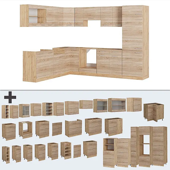 Vicco Eckküche R-Line Sonoma/Goldkraft Eiche, AP Anthrazit - B x T: 287 x 60 cm, Sonoma, Ohne Elektrogeräte - Modulare Küchenschränke in heller Holzoptik, bestehend aus Unter-, Ober- und Hochschränken für flexible Gestaltung.