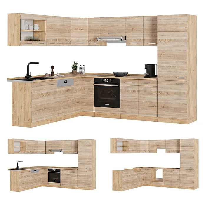 Vicco Eckküche R-Line Sonoma/Goldkraft Eiche, AP Anthrazit - B x T: 287 x 60 cm, Sonoma, Ohne Elektrogeräte - Moderne L-förmige Küche in heller Holzoptik, komplett mit Einbaugeräten und viel Stauraum.