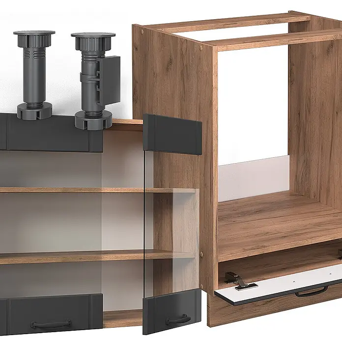 Vicco Eckküche Fame-Line Dunkelgrau, AP Eiche - Dunkelgrau, Ohne Elektrogeräte - Modulares Schranksystem mit Holzkorpus, dunklen Verstellfüßen, Glastüren und Klapptür.
