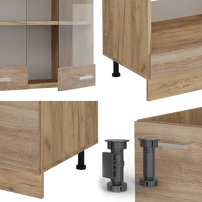 Vicco Eckküche R-Line Sonoma/Goldkraft Eiche, AP Anthrazit - B x T: 287 x 60 cm, Sonoma, Ohne Elektrogeräte - Modulare Möbel in hellem Holzdekor mit Glaselementen und schwarzen verstellbaren Füßen, montiert und separat gezeigt.