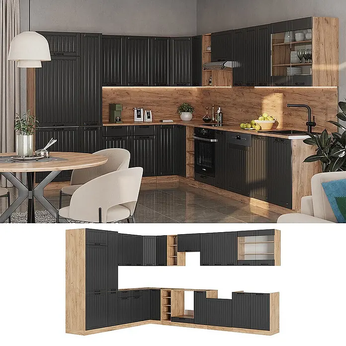 Vicco Eckküche Fame-Line Dunkelgrau, AP Anthrazit - B x T: 347 x 60 cm, Dunkelgrau, Ohne Elektrogeräte - L-förmige Küche mit schwarzen geriffelten Schränken, hellen Holzarbeitsplatten und Akzenten, in modernem Design.