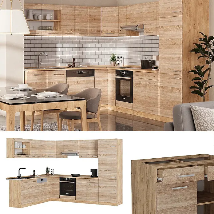 Vicco Eckküche R-Line Sonoma/Goldkraft Eiche, AP Anthrazit - B x T: 287 x 60 cm, Sonoma, Ohne Elektrogeräte - L-förmige moderne Küche aus hellem Holz, mit integrierten Geräten und Oberschränken.