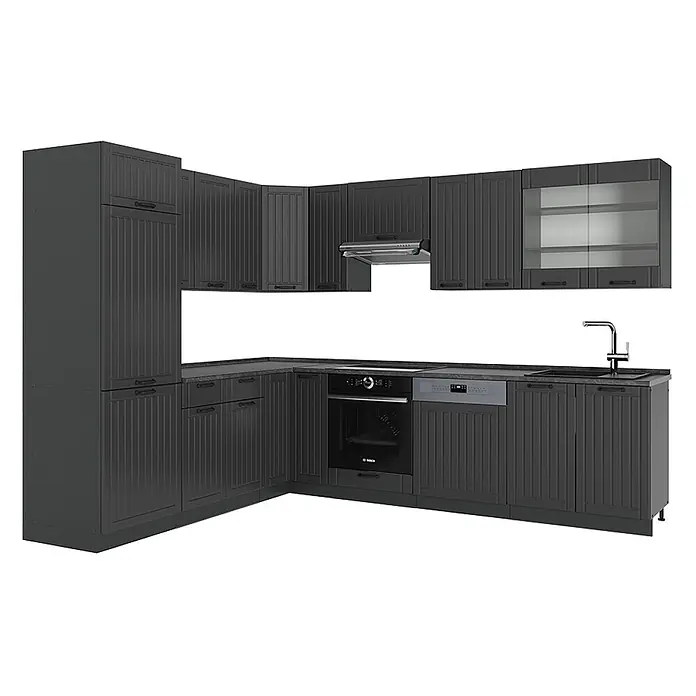 Vicco Eckküche Fame-Line Dunkelgrau, AP Anthrazit - B x T: 287 x 60 cm, Dunkelgrau, Ohne Elektrogeräte - Dunkelgraue L-förmige Einbauküche mit strukturierten Schranktüren, integriertem Backofen, Geschirrspüler, Spüle und oberen Glasschränken.