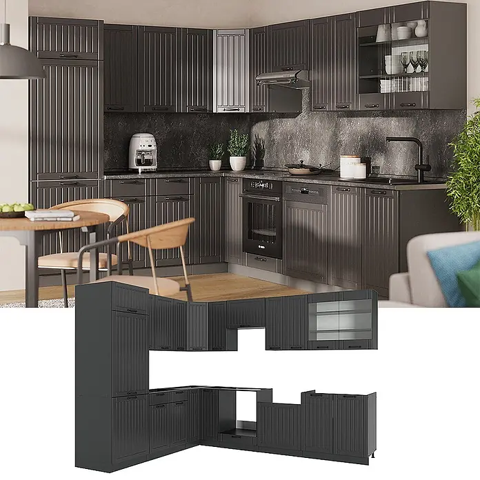 Vicco Eckküche Fame-Line Dunkelgrau, AP Eiche - B x T: 287 x 60 cm, Dunkelgrau, Ohne Elektrogeräte - Dunkelgraue L-förmige Küchenschränke mit geriffelten Türen, Stauraum, Geräteintegration und Glasvitrine.