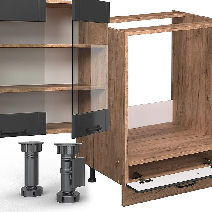 Vicco Eckküche Fame-Line Dunkelgrau, AP Anthrazit - B x T: 347 x 60 cm, Dunkelgrau, Ohne Elektrogeräte - Modulare Küchenschränke in Holzoptik und Dunkelgrau, mit Glastüren und verstellbaren Füßen.