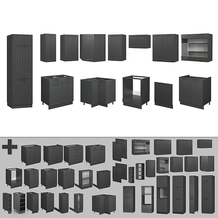 Vicco Eckküche Fame-Line Dunkelgrau, AP Eiche - B x T: 287 x 60 cm, Dunkelgrau, Ohne Elektrogeräte - Kollektion dunkelgrauer Küchenschrankmodule mit geriffelten Türen, inklusive Unter-, Ober- und Hochschränken sowie offenen Regalen.