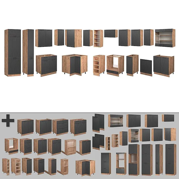 Vicco Eckküche Fame-Line Dunkelgrau, AP Anthrazit - B x T: 347 x 60 cm, Dunkelgrau, Ohne Elektrogeräte - Modulare Küchenschränke mit dunkelgrauen geriffelten Fronten und hellen Holzoptik-Rahmen.