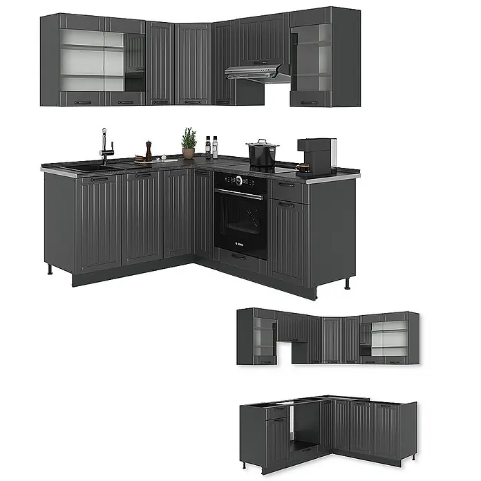 Vicco Eckküche Fame-Line Dunkelgrau ohne Arbeitsplatte - B x T: 190 x 46 cm, Dunkelgrau, Ohne Elektrogeräte - Anthrazitfarbene L-förmige Küche mit geriffelten Schränken, Spüle, Backofen und Kochfeld. Oberschränke mit Glasfronten.