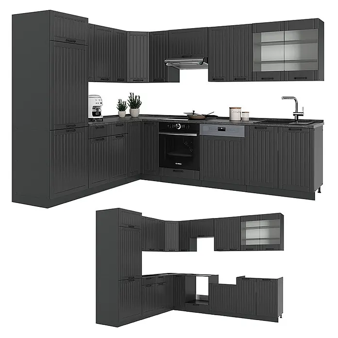 Vicco Eckküche Fame-Line Dunkelgrau, AP Eiche - B x T: 287 x 60 cm, Dunkelgrau, Ohne Elektrogeräte - Dunkelgraue L-förmige Modulküche mit geriffelten Türen, Arbeitsplatte und integrierten Geräten.
