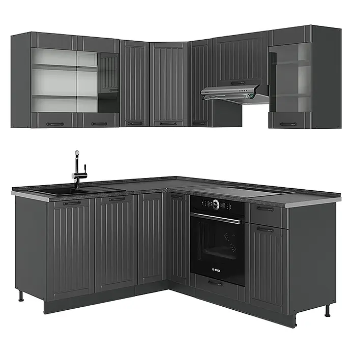 Vicco Eckküche Fame-Line Dunkelgrau ohne Arbeitsplatte - B x T: 190 x 46 cm, Dunkelgrau, Ohne Elektrogeräte - Dunkelgraue L-förmige Küche mit Paneeltüren, integrierter Spüle, Kochfeld, Backofen, Dunstabzugshaube, inkl. Oberschränken mit Milchglas.