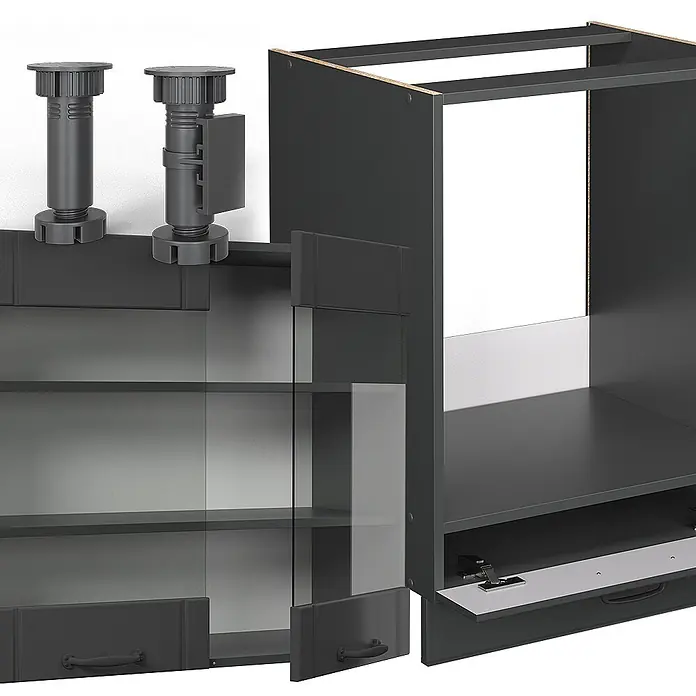 Vicco Eckküche Fame-Line Dunkelgrau, AP Eiche - B x T: 287 x 60 cm, Dunkelgrau, Ohne Elektrogeräte - Dunkelgraue Küchenschrankkomponenten mit verstellbaren Füßen, darunter Unterschränke und Einheiten mit Glastüren und Schubladen.