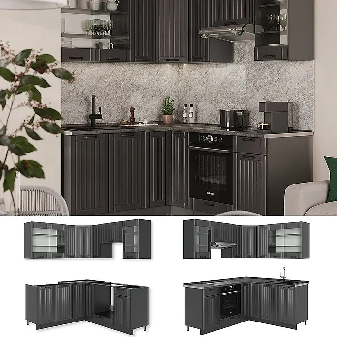 Vicco Eckküche Fame-Line Dunkelgrau ohne Arbeitsplatte - B x T: 190 x 46 cm, Dunkelgrau, Ohne Elektrogeräte - Moderne dunkelgraue L-förmige Küche mit geriffelten Fronten, inklusive integriertem Backofen und Spüle.