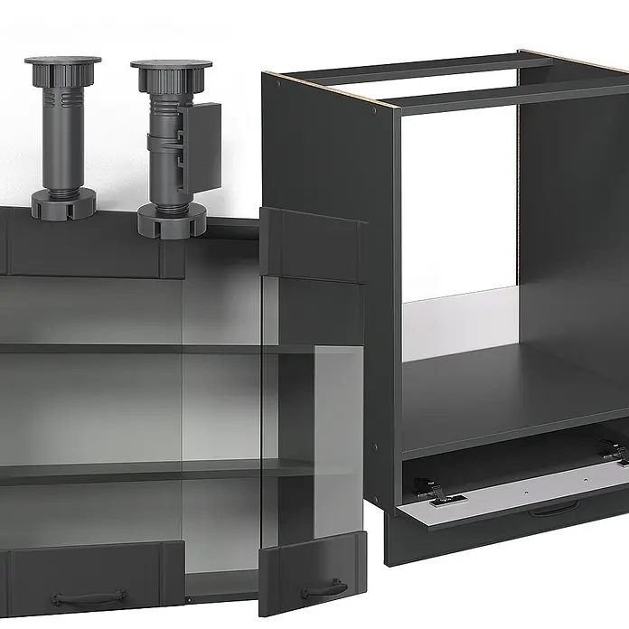 Vicco Eckküche Fame-Line Dunkelgrau ohne Arbeitsplatte - B x T: 190 x 46 cm, Dunkelgrau, Ohne Elektrogeräte - Dunkelgraue Küchenschrankteile: Korpus, Vitrinenschrank und verstellbare Füße, montagefertig.