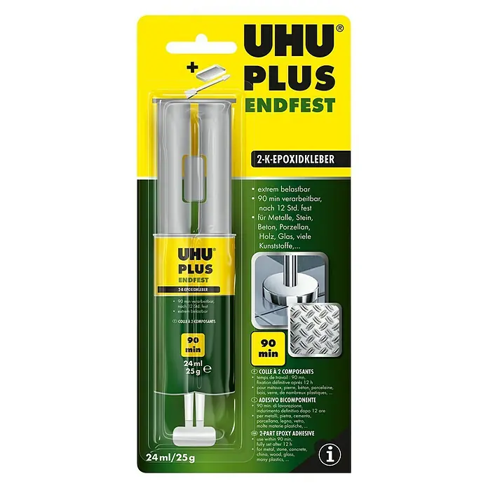 UHU plus endfest 2-Komponenten-Kleber 2K-Epoxidharzkleber Doppelkammerspritze - 25 g, Lösemittelfrei - Produktfoto von UHU PLUS Endfest 2-K-Epoxidkleber, einem starken Klebstoff für Metalle, Stein, Beton, Porzellan, Holz, Glas und viele Kunststoffe.