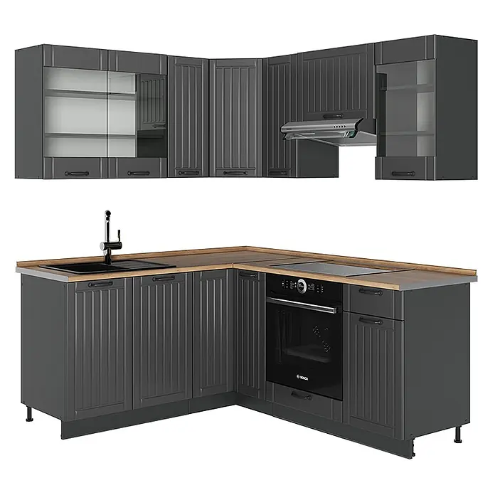 Vicco Eckküche Fame-Line Dunkelgrau, AP Eiche - B x T: 190 x 60 cm, Dunkelgrau, Ohne Elektrogeräte - L-förmige Küche mit dunkelgrauen gerillten Schränken, Arbeitsplatte in Holzoptik, Spüle, Kochfeld, Backofen, Dunstabzugshaube und einigen Oberschränken mit Glasfronten.