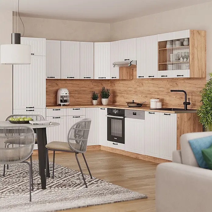 Vicco Eckküche Fame-Line Weiß Landhaus ohne Arbeitsplatte - Weiß Landhaus, Ohne Elektrogeräte - Moderne L-förmige Küche mit weißen geriffelten Schränken, Holzdetails und integrierten Geräten. Inklusive Esstisch.