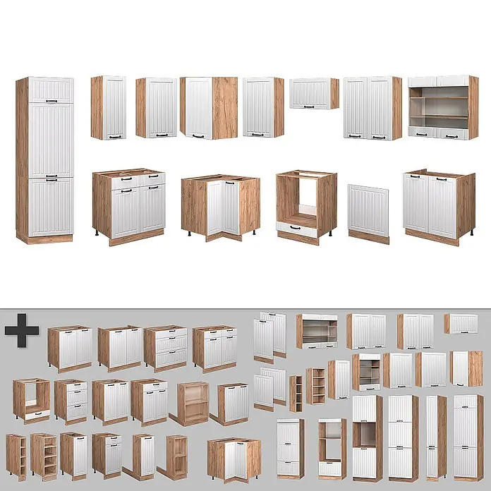 Vicco Eckküche Fame-Line Weiß Landhaus ohne Arbeitsplatte - Weiß Landhaus, Ohne Elektrogeräte - Eine Kollektion modularer Küchenschränke und -elemente mit Holzoptikrahmen und weißen geriffelten Türen.