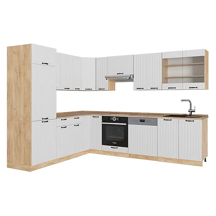 Vicco Eckküche Fame-Line Weiß Landhaus, AP Eiche - B x T: 287 x 60 cm, Weiß Landhaus, Ohne Elektrogeräte - L-förmige Küche mit weißen geriffelten Schränken, heller Holz-Arbeitsplatte/Akzenten, integriertem Backofen, Kochfeld, Geschirrspüler und Spüle.
