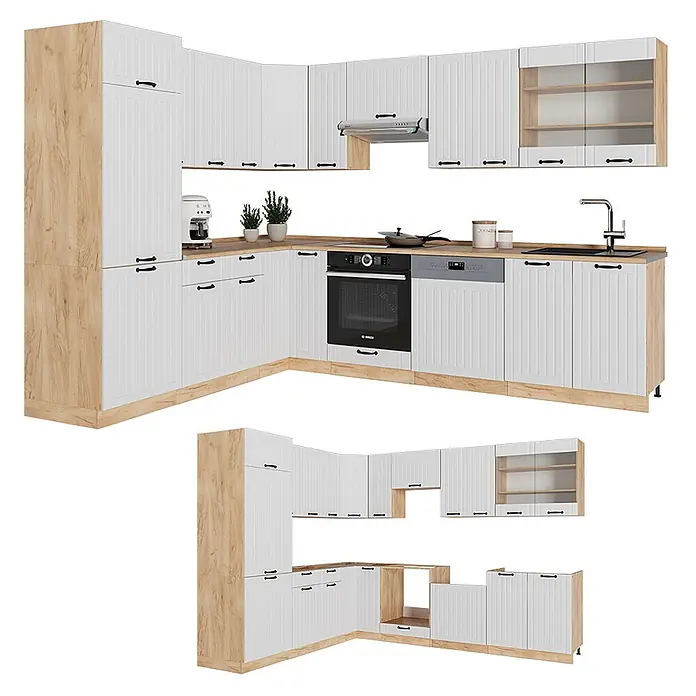 Vicco Eckküche Fame-Line Weiß Landhaus ohne Arbeitsplatte - Weiß Landhaus, Ohne Elektrogeräte - Moderne Eckküchenkombination mit weißen geriffelten Türen und hellen Holzakzenten, inklusive Backofen und Geschirrspüler.