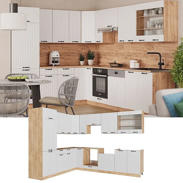 Vicco Eckküche Fame-Line Weiß Landhaus ohne Arbeitsplatte - Weiß Landhaus, Ohne Elektrogeräte - L-förmige Eckküche mit weißen geriffelten Fronten und Arbeitsplatten sowie Akzenten in heller Holzoptik, inkl. Ofen, Spüle und Stauraum.