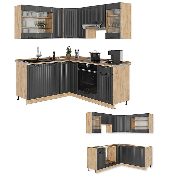 Vicco Eckküche Fame-Line Dunkelgrau, AP Marmor - B x T: 190 x 60 cm, Dunkelgrau, Ohne Elektrogeräte - Eckküchenzeile mit dunkelgrauen geriffelten Fronten und hellem Holzkorpus, inklusive Ober- und Unterschränken mit integrierten Geräten.