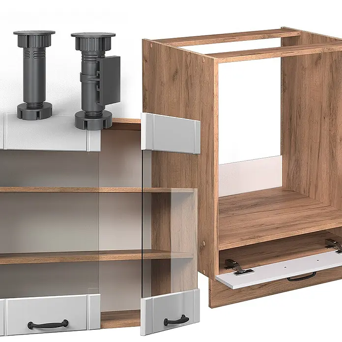 Vicco Eckküche Fame-Line, Weiß Landhaus/Goldkraft Eiche, 190 x 160 cm -  - Modulare Schrankkomponenten: ein Holzrahmen, ein Schrank mit Glastüren und Schubladen, sowie verstellbare Kunststofffüße.
