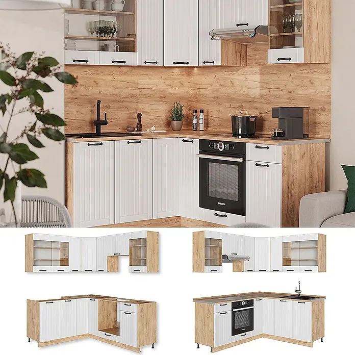 Vicco Eckküche Fame-Line Weiß Landhaus, AP Eiche - B x T: 190 x 60 cm, Weiß Landhaus, Ohne Elektrogeräte - Eckküche mit weißen geriffelten Schränken, hellen Holz-Arbeitsplatten und integriertem Ofen und Spüle in einem modernen Zuhause.