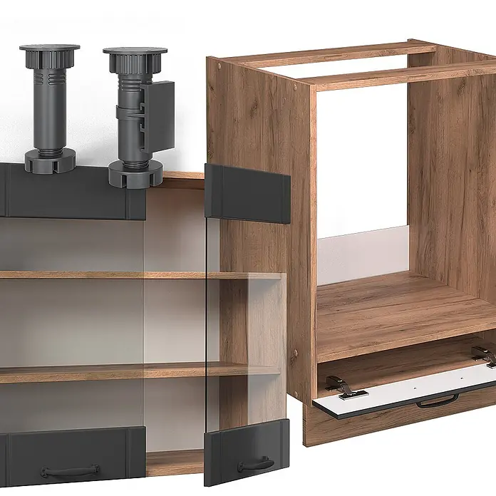 Vicco Eckküche Fame-Line Dunkelgrau, AP Marmor - B x T: 190 x 60 cm, Dunkelgrau, Ohne Elektrogeräte - Komponenten für einen Modulschrank: verstellbare Füße, Holzrahmen und Glastüren mit dunklen Griffen.