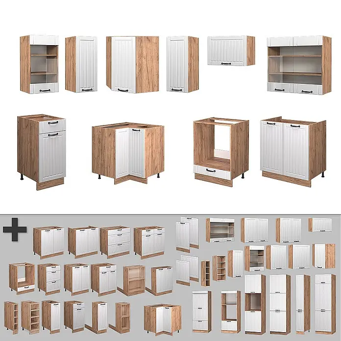 Vicco Eckküche Fame-Line, Weiß Landhaus/Goldkraft Eiche, 190 x 160 cm -  - Sortiment modularer Küchenschränke mit hellem Holzrahmen und weißen Lamellentüren/Schubladen.