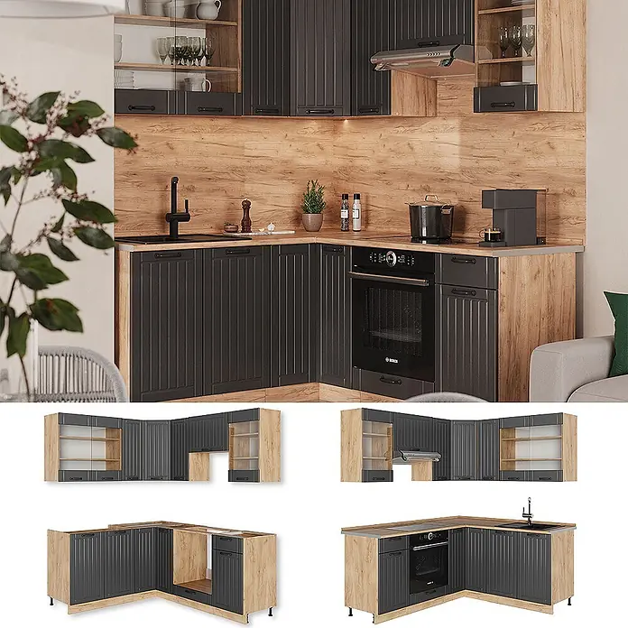 Vicco Eckküche Fame-Line Dunkelgrau, AP Marmor - B x T: 190 x 60 cm, Dunkelgrau, Ohne Elektrogeräte - Moderne Eckküche mit dunkelgrauen Rillenfronten und Eiche-Effekt-Arbeitsplatten, inkl. Spüle, Kochfeld und Backofen.