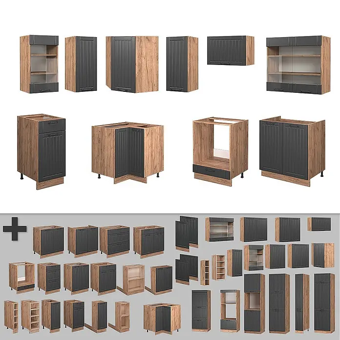 Vicco Eckküche Fame-Line Dunkelgrau, AP Marmor - B x T: 190 x 60 cm, Dunkelgrau, Ohne Elektrogeräte - Küchenschrankmodule mit dunkelgrauen Fronten und Holzmaserungs-Korpus, inkl. Unter-, Ober- und Eckschränken.