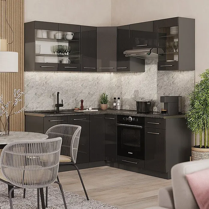 Vicco Eckküche Fame-Line Anthrazit Hochglanz ohne Arbeitsplatte - B x T: 190 x 46 cm, Anthrazit Hochglanz, Ohne Elektrogeräte - L-förmige dunkelgraue Hochglanzküche mit Steindekor-Rückwand und integrierten Geräten.