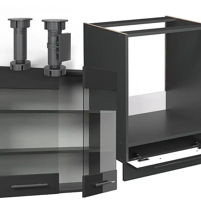 Vicco Eckküche Fame-Line, Anthrazit Hochglanz/Anthrazit, 190 x 160 cm -  - Dunkelgraue modulare Küchenschrankkomponenten: Oberschrank mit Glastüren, Unterschrankrahmen und verstellbare Füße.