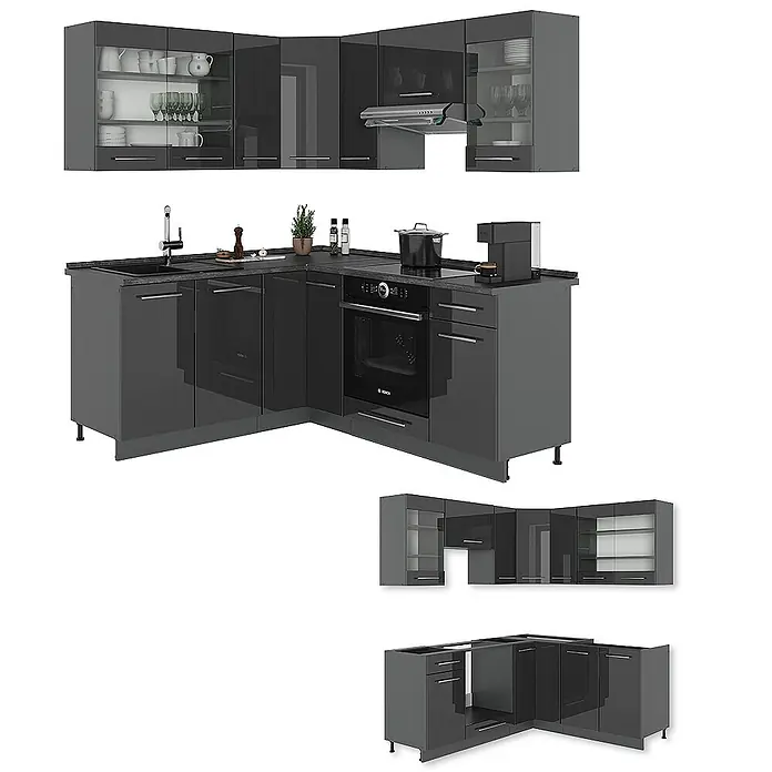 Vicco Eckküche Fame-Line Anthrazit Hochglanz ohne Arbeitsplatte - B x T: 190 x 46 cm, Anthrazit Hochglanz, Ohne Elektrogeräte - Anthrazitfarbene Hochglanz-L-Küche mit Ober- & Unterschränken, teils mit Glasfronten, inkl. Geräten.