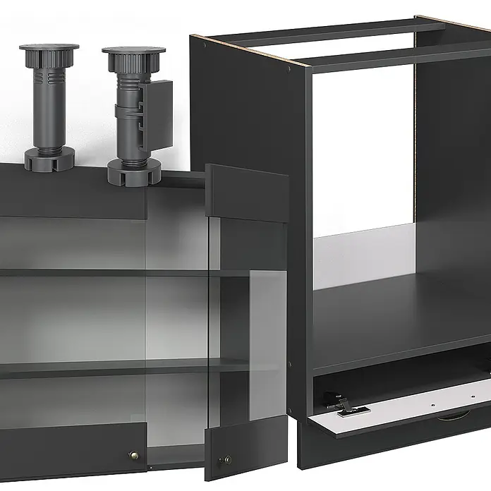 Vicco Eckküche Fame-Line Anthrazit-Gold Landhaus, AP Anthrazit - B x T: 287 x 60 cm, Anthrazit-Gold Landhaus, Ohne Elektrogeräte - Dunkelgraue modulare Schranksystem-Komponenten: verstellbare Füße, ein Rahmen und ein Schrank mit Glastüren und Regalen, Baugruppen.