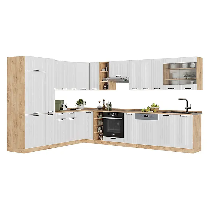 Vicco Eckküche Fame-Line Weiß Landhaus, AP Anthrazit - B x T: 347 x 60 cm, Weiß Landhaus, Ohne Elektrogeräte - L-förmige Küche mit weißen Paneel-Schränken, hellen Holzelementen, schwarzen Griffen und integrierten Geräten wie Backofen und Geschirrspüler.